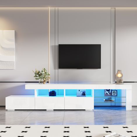 Mueble TV 180x35x45 cm blanco brillo en MDF con LED, 3 cajones y 7 compartimentos (1/5)