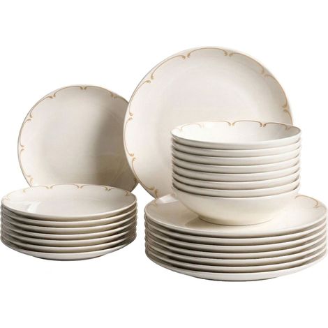 Set of 24 Dinnerware White and Gold Decorative Edges Porcelain Transparent Glaze Finish Kitchen Dining Room CHAROLI