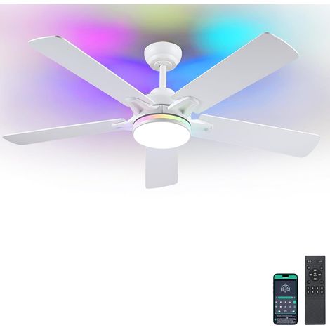RGB Ventilateur Plafond avec Lumiere Silencieux 132 cm, Ventilateur de Plafond avec Telecommande et APP, Plafonnier Ventilateur Led pour Chambre Salon, Réversible, Pales en Bois, Blanc (1/5)