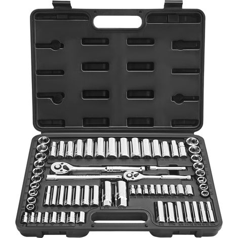 VEVOR Set di Bussole, 69 Pezzi, Set di Bussole e Cricchetti da 9,5 e 6,4 mm, SAE e Metriche, Profonde e Standard, Utensili Meccanici con Custodia Accessori, Acciaio Legato CR-V, per Riparazioni Auto (1/5)