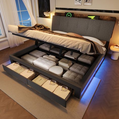 Lit Coffre 180x200 - Lit Double 180x200cm - Cadre de Lit 180x200cm avec USB/Type-C, LED App et Tiroirs Latéraux - Lin Gris (1/5)