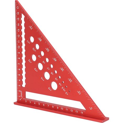 Règle triangulaire 18 cm, équerre de charpente métrique 90°, rapporteur avec trou, outil de traçage en alliage d'aluminium pour bois, rouge (1/5)