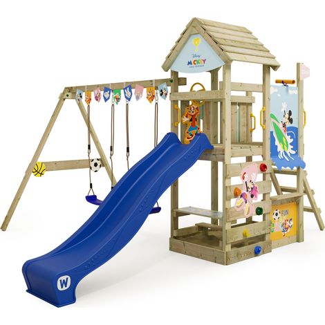 Wickey Spielturm Klettergerüst Disney Adventure mit Schaukel & Rutsche, Kletterturm mit Holzdach, Sandkasten, Leiter & Spiel-Zubehör - Mickey & Friends