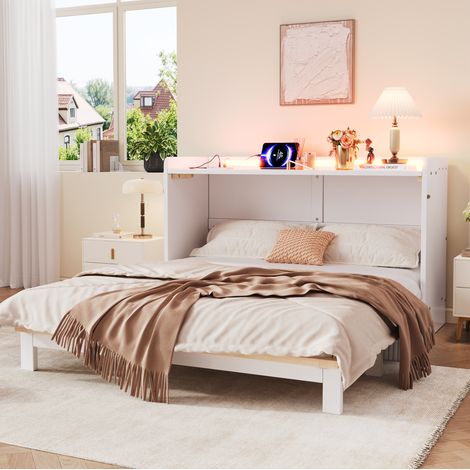 Letto a scomparsa 140x200 cm bianco in MDF e multistrato con cassetti, LED, USB e presa (1/5)