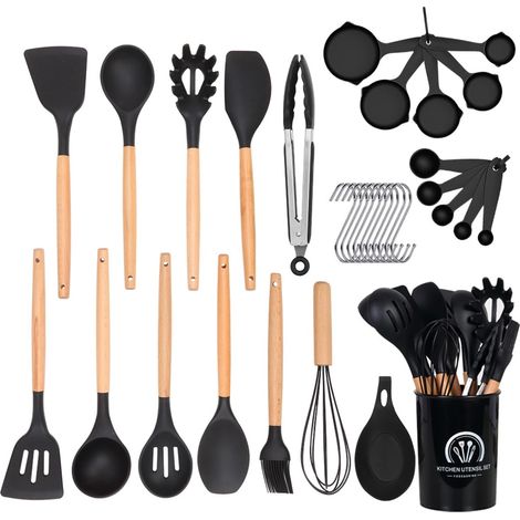 Set Ustensiles de Cuisine Silicone 33 pcs, Spatules Manche Bois Résistants à la Chaleur pour Poêle Antiadhésive (1/5)