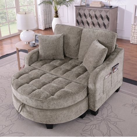 Canapé convertible 132x129x93 cm marron en bois d’eucalyptus avec pouf de rangement (1/5)