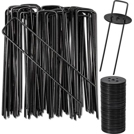 CYRILL – Piquets de Fixation, Piquets de Jardin en Acier au Carbone, 40 Noirs + 40 Rondelles Noirs, Sardines de Fixation pour Gazon Artificiel, Clôture, Bâche, Herbes, H150mm, L25mm, Ø2,8 mm (1/5)