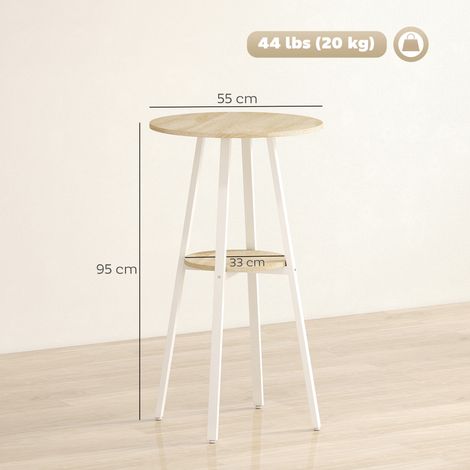 Table haute ronde avec étagère, table de cuisine ou de salle à manger moderne, 2 couverts, naturel et blanc (1/5)