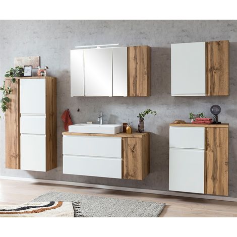 Badmöbel Set mit Aufsatz-Waschbecken links, Wotan Eiche Nb. mit weiß matt, VASTO-03-WHITE, B/H/T ca. 265/200/47 cm (1/5)