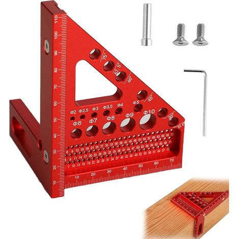 Équerre 3D - Angle réglable de 22,5° à 90° - outil de menuiserie de haute précision en alliage d’aluminium - 3 en 1 : traçage/perçage/mesure - adapté aux menuisiers et aux ingénieurs (Rouge) (1/5)