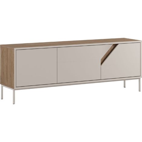 Meuble TV 3 portes 150cm en mélaminé beige et imitation bois avec découpe graphique oblique - ANOUK