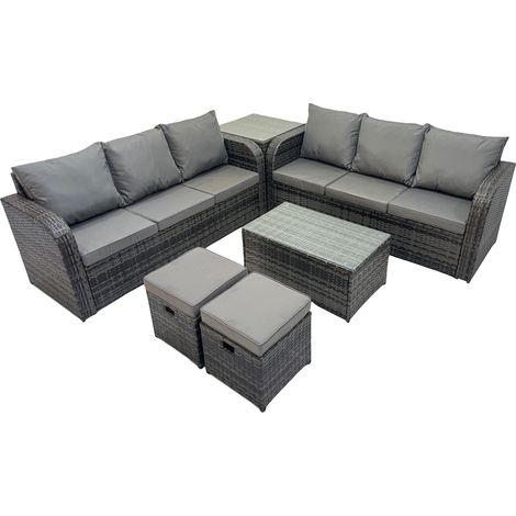 Fimous Outdoor 3 Seater Sofa Coffee Table Set Garden Rattan Furniture Set 8 Seater with 2 Small Stools Side Table Dark Grey (1/5)