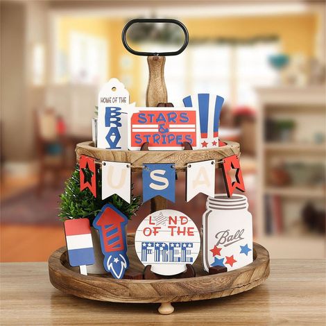 Plateau Décoratif Empilé - Bois Naturel - Pour Décoration Intérieure Extérieure - Thème Patriotique États-Unis - 1 Pièce (1/5)