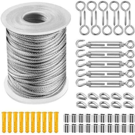 Cable Inox Kit, Cable Acier Gainé 2mm + Piton à Visser + Tendeur Cable Inox Serre + Vis, Cable Acier Pvc Plastifié Suspension Corde A Linge Pour Rideaux Antivol Garde Corps, Terrasse Exterieur (20m) (1/5)