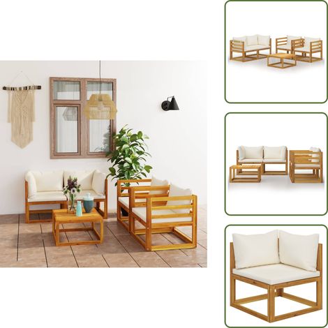 5-tlg. Garten-Lounge-Set mit Auflagen Creme Massivholz Akazie - Loungesessel - Gartenmöbel - Outdoor Möbel - Holz Lounge Set - Akasieholzmöbel (1/5)