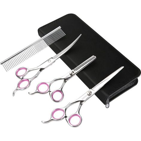 Set di toelettatura per animali domestici in acciaio inossidabile da 4 pezzi per cani, gatti e altri animali domestici, con forbici lunghe 19 cm, forbici sottili, forbici curve e (1/5)