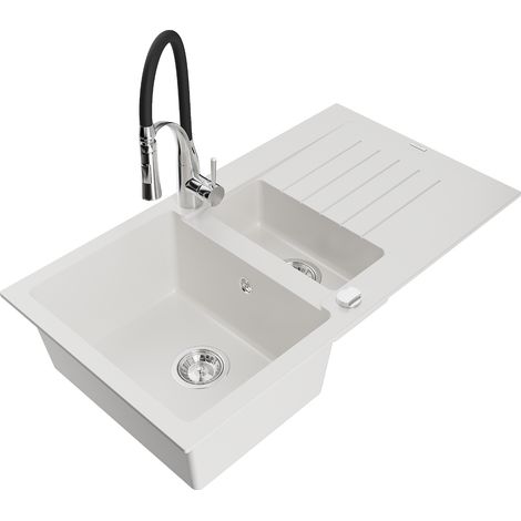 Mexen Matias fregadero de granito de 1,5 senos con escurridor y grifo de cocina Aster, blanco - 6502-20-73450-07 (1/5)