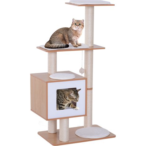 Arbre à chat en bois naturel 71,5x49,5x120 cm avec grotte, plateformes, poteaux en sisal, coussins en peluche et balles suspendues, accessoire design sobre pour intérieur pratique et complet