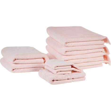 Set di 9 asciugamani bagno in spugna di cotone rosa pastello con nappe decorative Atiu (1/5)