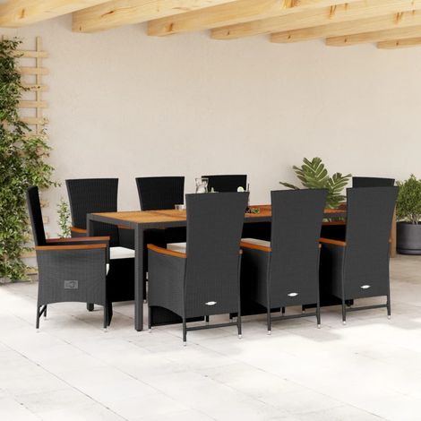 Ensemble repas de jardin 9 pièces avec 8 fauteuils inclinables, résine tressée, noir et marron - PANGIVO (1/5)