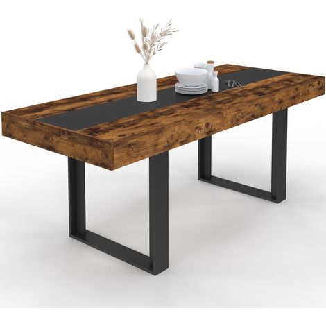 Idmarket – Table à manger extensible rectangle 4-8 personnes – Bois effet vieilli et noir – Longueur 160-200 cm – Style industriel moderne (1/5)