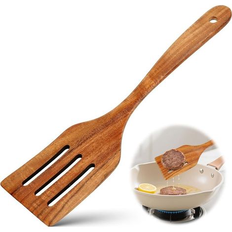 Pelle à pâtes spaghetti avec trous fendus - Ustensile de cuisine pour mélanger, égoutter et servir les aliments - Poignée robuste - Outil pratique - Marron (1/5)