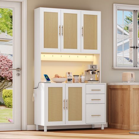 Credenza da cucina bianca in MDF con LED, prese e USB, ante in rattan e 3 cassetti (1/5)