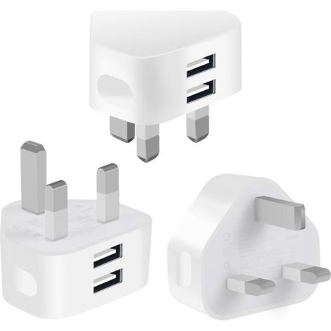 Lot de 3 adaptateurs de prise murale USB à double port pour Royaume-Uni, charge secteur compacte 2,1 A avec technologie de charge Smart IC