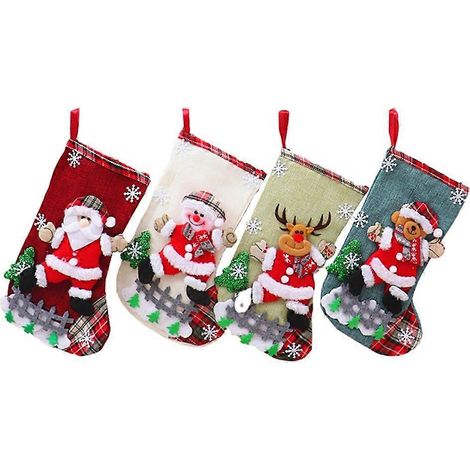 Ensemble de 4 sacs à main, chaussettes de Noël avec bonhomme de neige, Père Noël, orignal et ours, sac cadeau de Noël, décoration pour cheminée, sapin de Noël et Nouvel An (1/5)