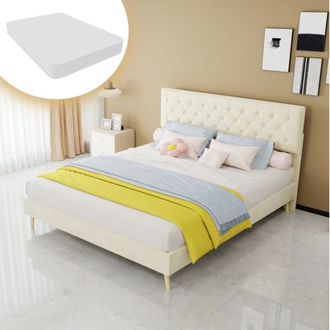 Cama tapizada moderna de terciopelo beige 160x200 cm con cabecero alto, somier de láminas y colchón incluido