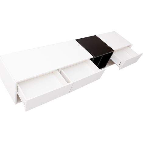 Meuble TV en panneaux mélaminés noir et blanc laqué, 190x40x42 cm, avec tiroirs et étagères ouvertes (1/5)