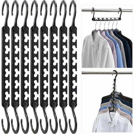 Lot de 12 cintres en plastique - Système cascade - Gain de place 80% dans l'armoire - Anti-plis pliables - Noirs (1/5)