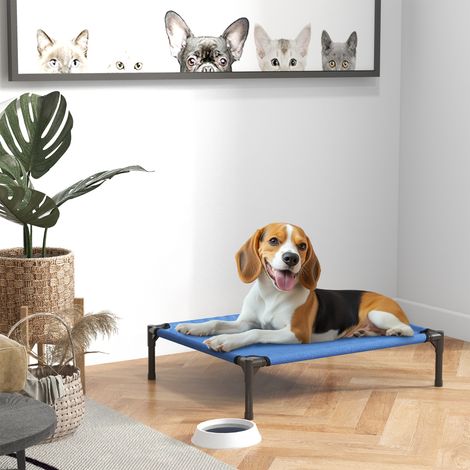 Lit surélevé pliable pour chien, utilisable à l'intérieur comme à l'extérieur, en métal et tissu Oxford, 76 x 61 x 18 cm, bleu (1/5)