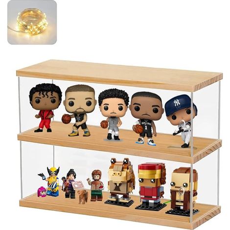 Vitrine Acrylique pour Figurine Collection 11.9cm pour Minifigures BrickHeadz, Présentoir Vitrine Acrylique Verre Boîte Plexiglas Transparente 2 Niveaux avec Porte avec LED, Base Bois (1/5)