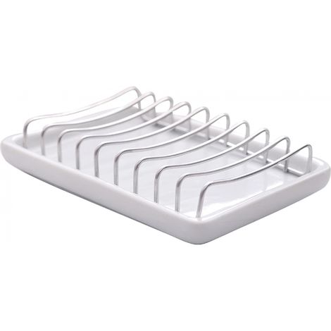 Boîte à savon en céramique, porte-éponge en acier inoxydable avec porte-savon en céramique, conception à double couche, auto-drainant (1/5)