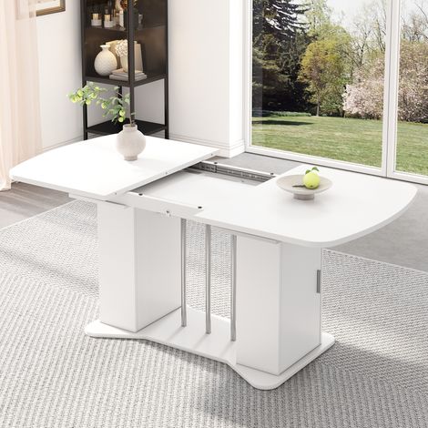 Table à manger extensible 120/160 x 80 cm avec rangement, plateau blanc, pieds métal argenté, style classique, pour 4 à 6 personnes - CHICFURN (1/5)