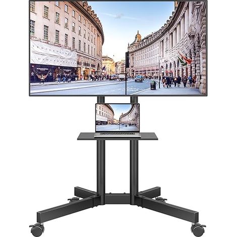 Support TV sur Pied avec Roulettes, Pied TV Universel Inclinable et Réglable en Hauteur 32-85 Pouces, Charge Max 55 kg, VESA 600x400 mm, Support Télévision Mobile avec Étagère pour Salon
