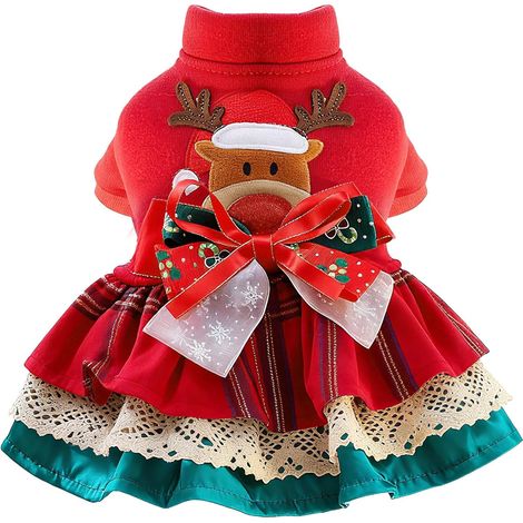Robe de Noël pour petits chiens - Tenue de princesse renne rouge avec nœuds, costume chaud pour les fêtes pour chiots/chiennes/chats, convient aux Chihuahuas/Yorkshire Terriers/Maltais (S) (1/5)