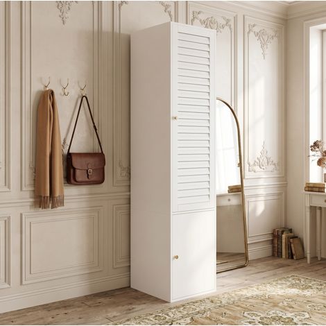 Armario estrecho con puerta de lamas, barra y 3 compartimentos, blanco, 45 x 50 x 200 cm (1/5)