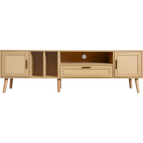 Spacieux meuble TV de 180 cm avec décoration en rotin, 2 portes et un tiroir, pieds en bois massif, peut accueillir un téléviseur de 80 pouces, meuble de rangement TV, meuble TV