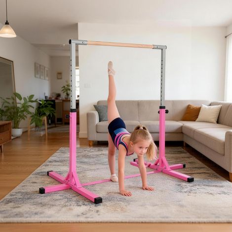 Barre gymnastique enfant 13 hauteurs 92-150 cm, acier et hêtre, antidérapante, facile à monter, rose, accessoire sportif maison