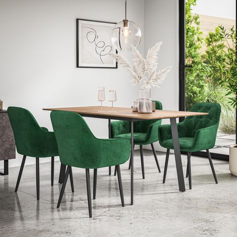 Haydon Extending Dining Table And Chairs - Oak Effect Table Top w Black Legs + Anika Velvet Dining Chair Set Of 4 (Green) (1/5)