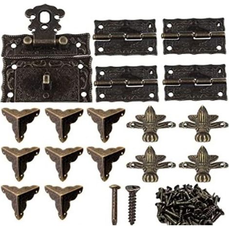Kit de restauration de boîte en bois avec 17 pièces de fixations en alliage de zinc de style antique avec charnières et renforts d'angle (1/5)