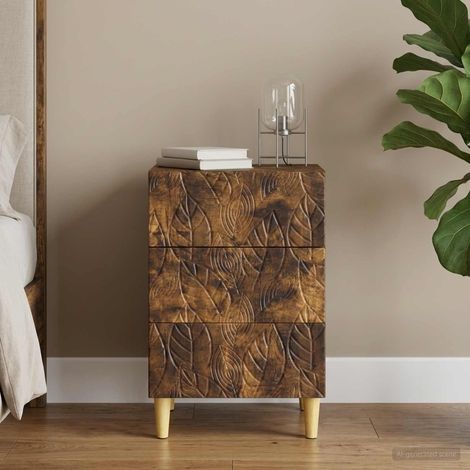 Table de chevet 3 tiroirs en bois d’ingénierie chêne fumé 43 x 39,5 x 66,5 cm - PANGIVO (1/5)
