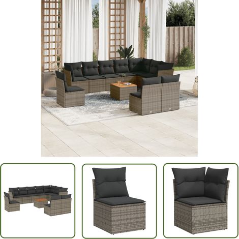 The Living Store Salon de jardin 11 pcs avec coussins gris résine tressée - Ensemble Salon De Jardin - Mobilier Extérieur - Canapé Jardin - Résine Tressée - Rotin Synthétique (1/5)