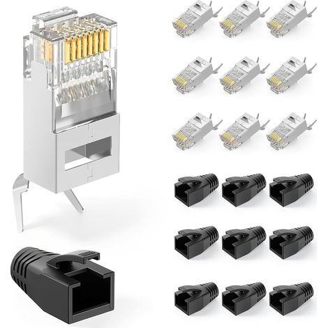 10 Connecteur RJ45 8P8C Cat7/Cat6A Pass Through Blindé, Prise Male 10Gbps Fiche Réseau Pass Through pour Câble d'Installation, avec Barre et Embouts de Protection, 1,35-1,45 mm (1/3)