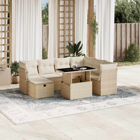 Ensemble Salon Jardin 8 Places Résine Tressée Beige avec Coussins - Table Réglable Housse Lavable - 3 Sièges Coin + 3 Centraux + Repose-Pieds (1/5)