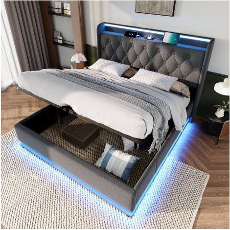 Lit Coffre 160x200 avec 360° LED, Ports USB et Type-C - Lit Rembourré - Tissu Lin Gris, Sommier à Lattes Inclus, Design Moderne (1/5)