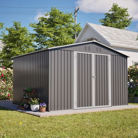 Abri de jardin 300x252x191 cm avec porte coulissante toit incliné ventilation cadre de sol pour rangement en acier galvanisé gris (1/5)