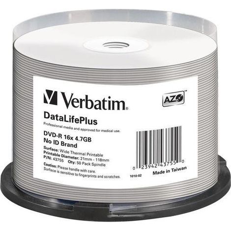 DVD-R Verbatim de 4,7 GB, 16 discos AZO DL+, térmicos imprimibles, blancos, sin identificación (paquete de 50 unidades)